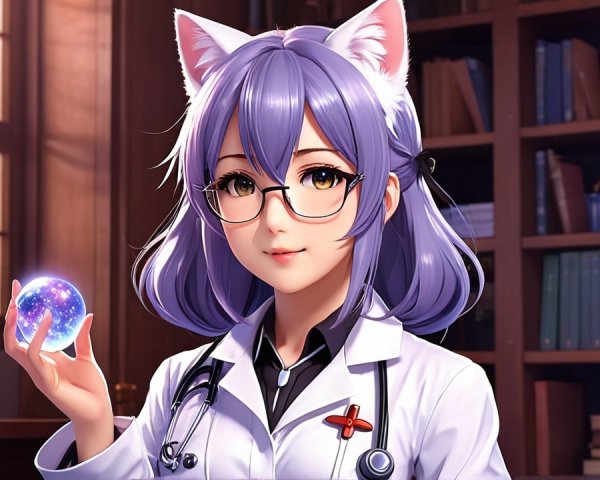 Young woman with purple hair in a cozy library setting