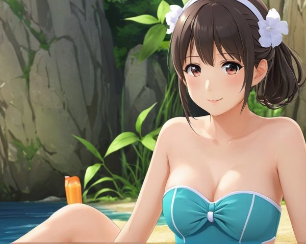 Anime Character by Tranquil Water in Summer Setting