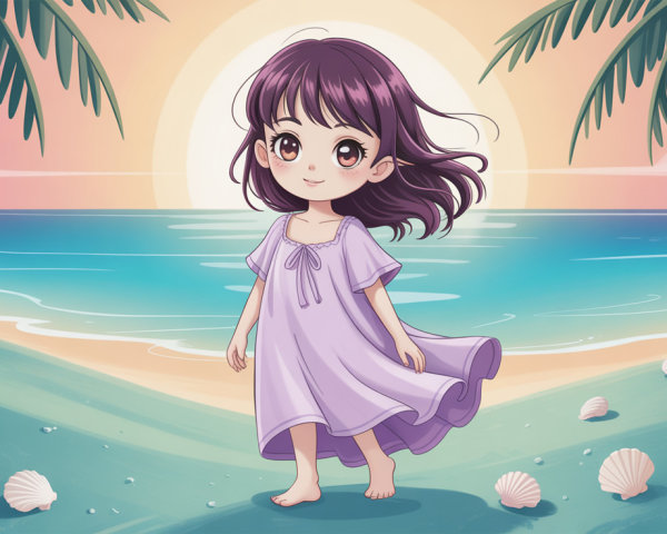 Chibi Girl in Purple Dress on Sunset Beach Scene