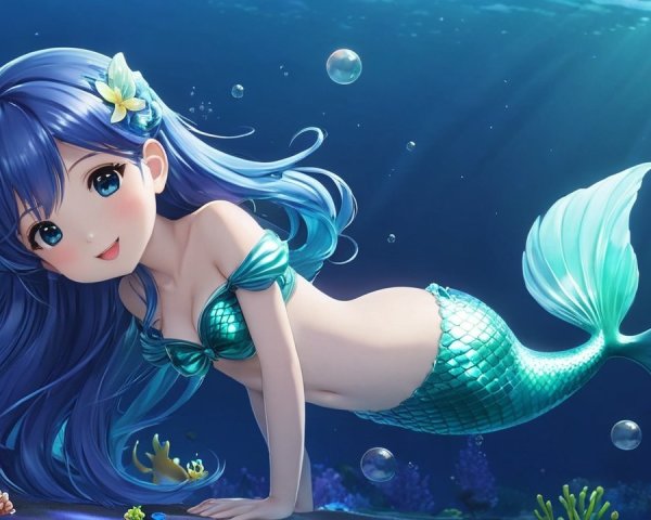 Charming young mermaid in a vibrant underwater scene