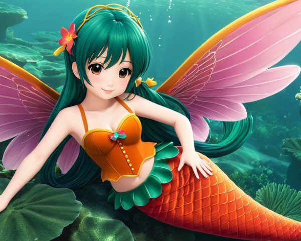 Vibrant Underwater Scene with Cheerful Mermaid