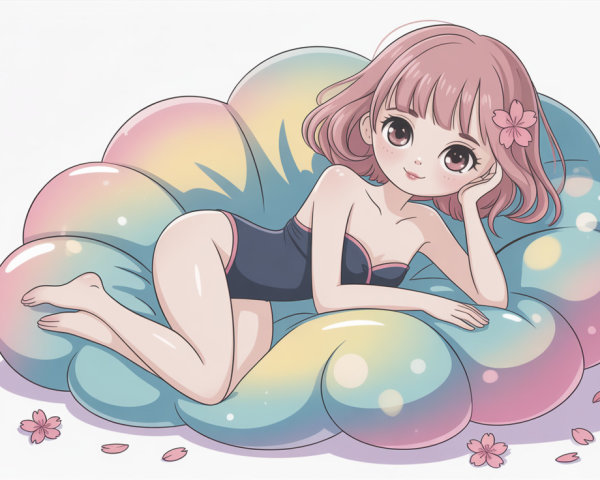 Anime girl in black swimsuit on pastel lounge chair