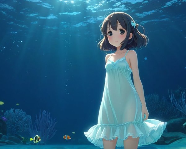 Girl in flowing dress underwater with colorful fish