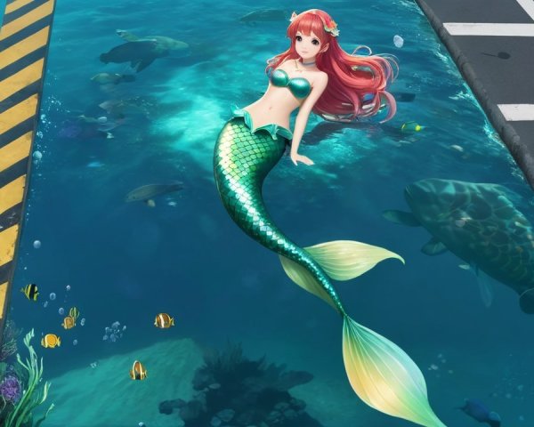 Underwater Scene Featuring a Mermaid and Colorful Fish
