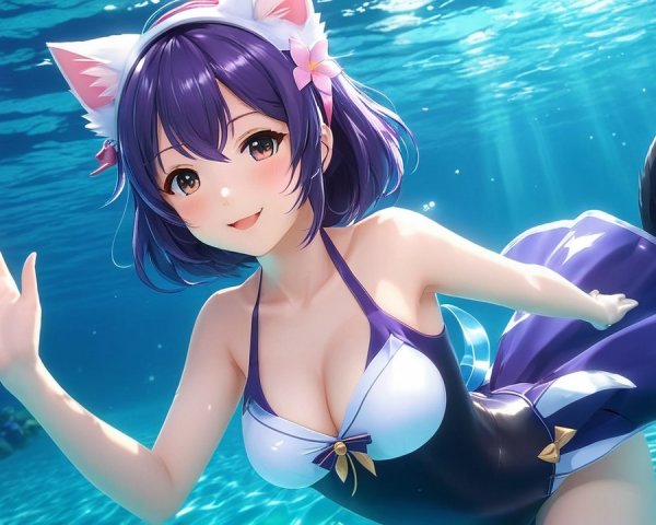 Charming Anime Character Swimming with Beach Ball