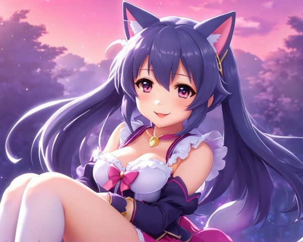 Anime girl with cat ears in twilight setting