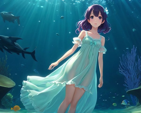 Young girl in blue dress surrounded by underwater life
