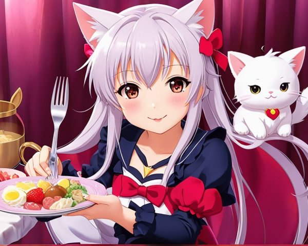 Cheerful girl with silver hair at breakfast table