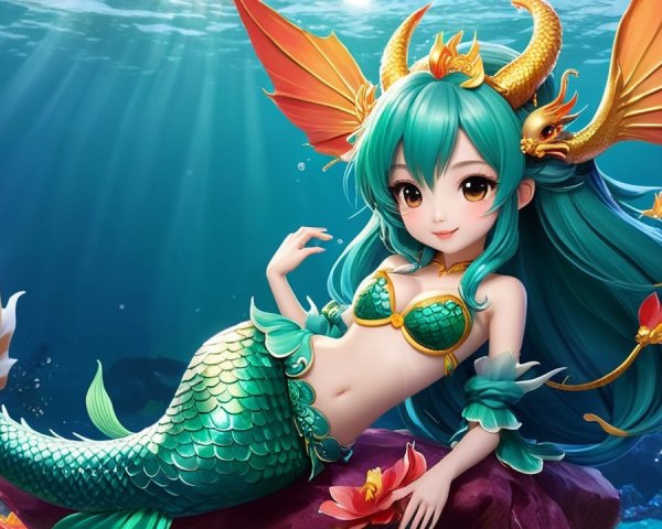 Vibrant Animated Mermaid on Rock Surrounded by Lotus Flowers