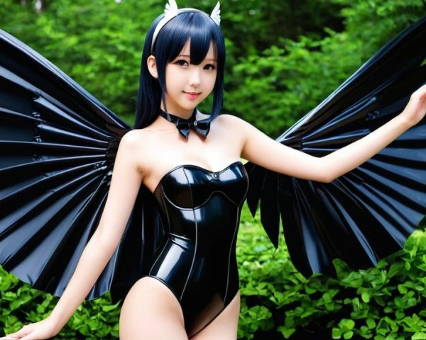 Character with Black Wings in Lush Green Setting