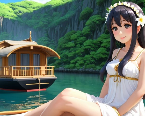 Young Woman in White Dress on Scenic Boat Setting