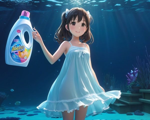Underwater Scene with Young Girl and Detergent Bottles