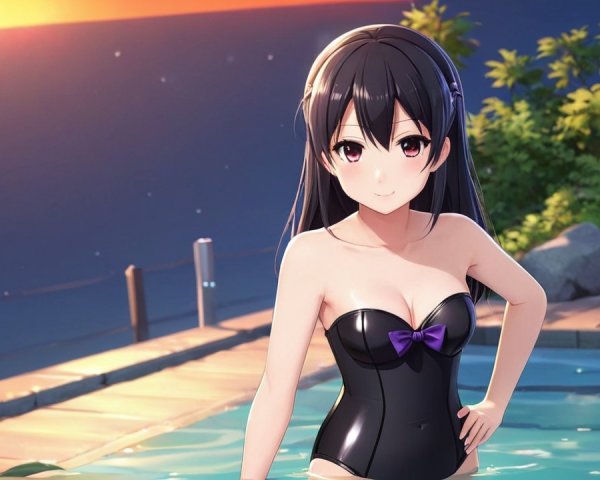 Character in Black Swimsuit at Sunset Poolside Scene