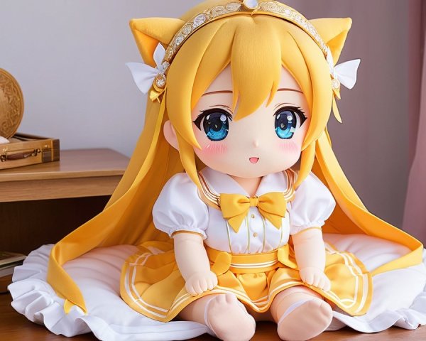 Plush Doll with Golden Hair and Cat Ears on Table