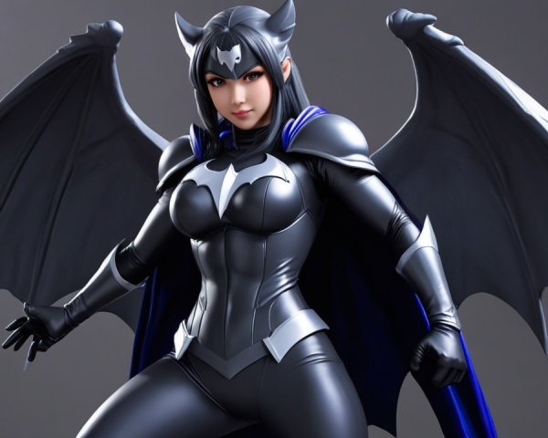 Female superhero with bat wings in sleek black suit