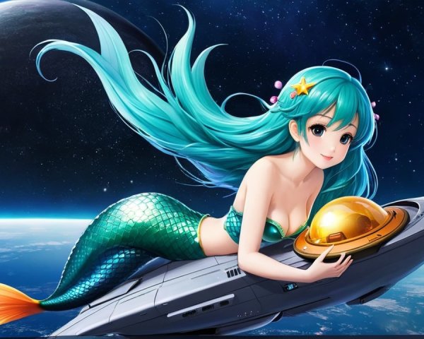 Mermaid on Futuristic Spacecraft with Cosmic Background
