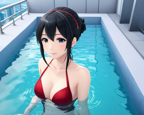 Young Woman in Rooftop Pool with Cityscape View