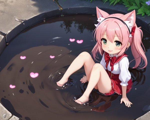 Cheerful anime girl in pond with pink hair and cat ears