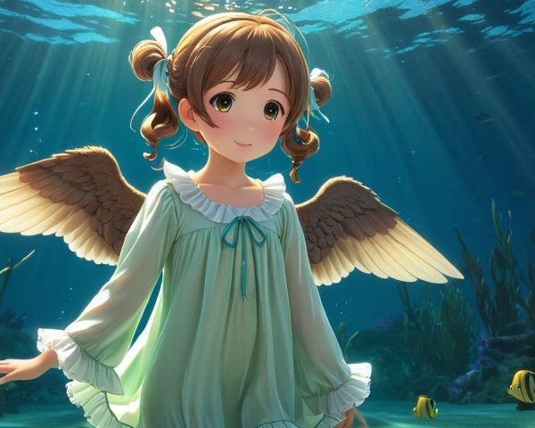 Young girl with wings in vibrant underwater scene