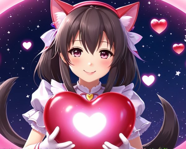 Cheerful Character with Cat Ears and Heart in Night Sky