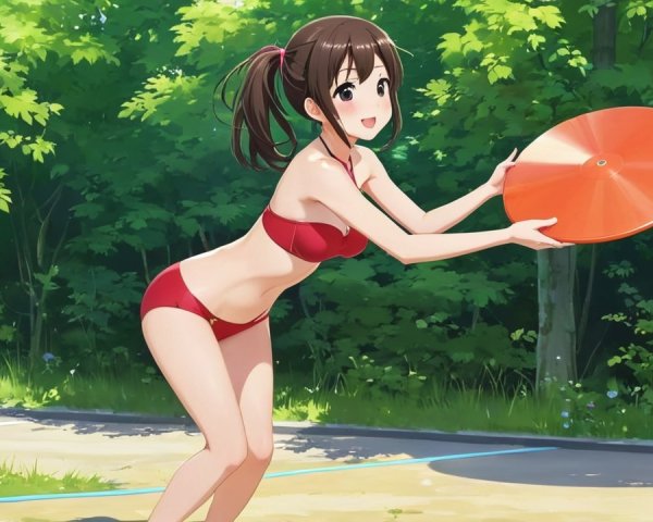 Young woman in red bikini with frisbee in green landscape