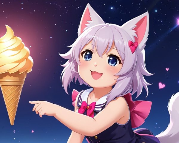 Anime Girl with Cat Ears by Ice Cream Cone at Night