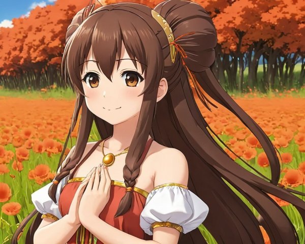 Young girl in medieval dress in vibrant flower field