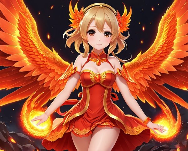Fantastical character with fiery aura and orange wings