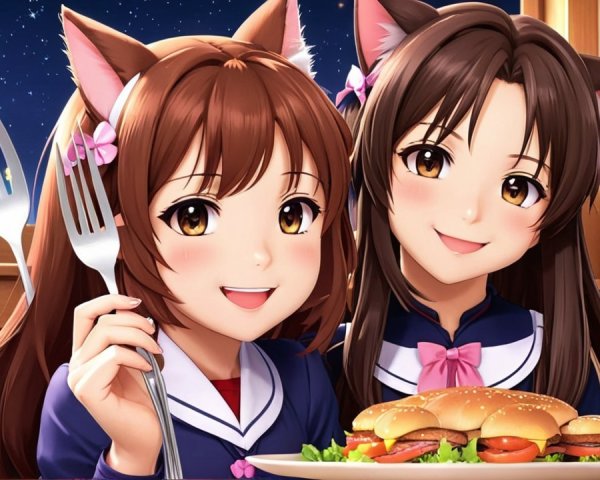 Anime Characters with Cat Ears in Cozy Room Setting