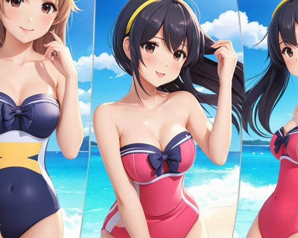 Three Animated Characters in Stylish Swimwear at Beach