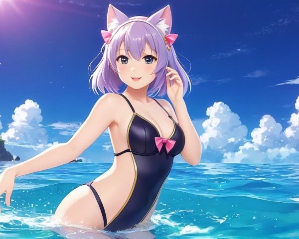 Anime girl with purple hair in turquoise water scene