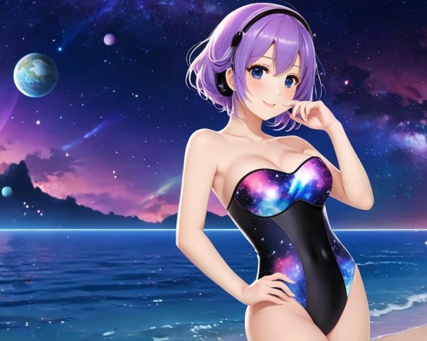 Anime Character in Galaxy Swimsuit on Beach Scene