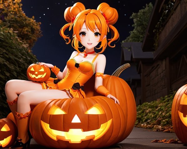 Vibrant Halloween Character Among Glowing Pumpkins