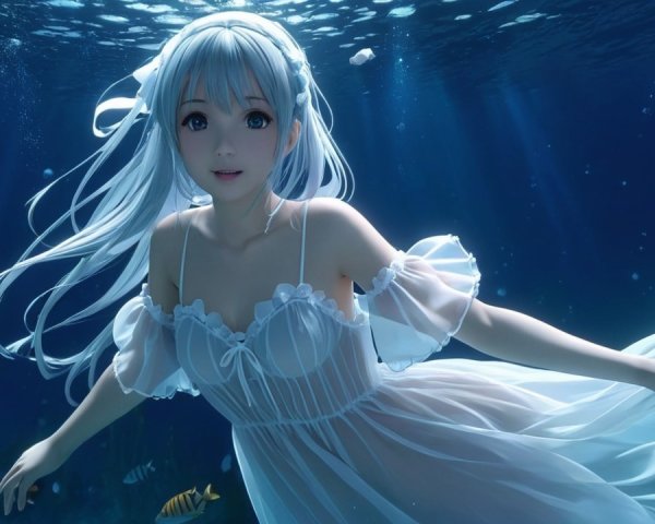 Underwater Scene with Woman in White Dress and Fish