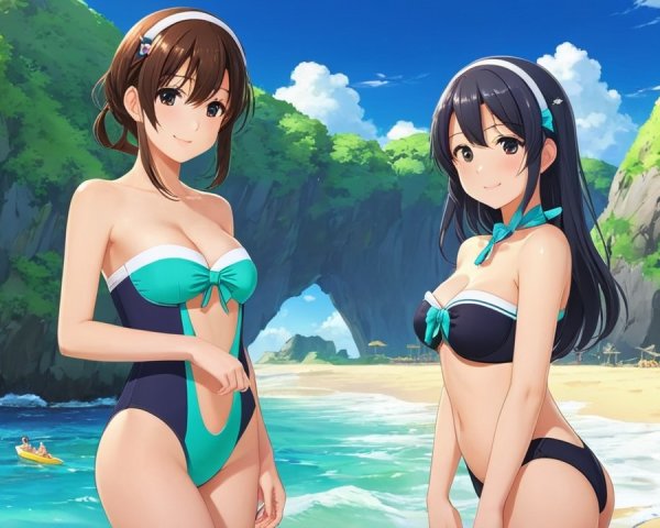 Animated Characters on a Beach with Vibrant Swimwear
