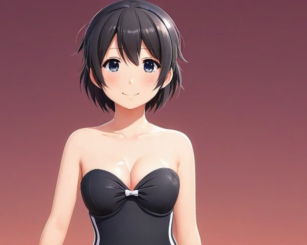 Anime Character in Black Swimsuit with Sunset Background