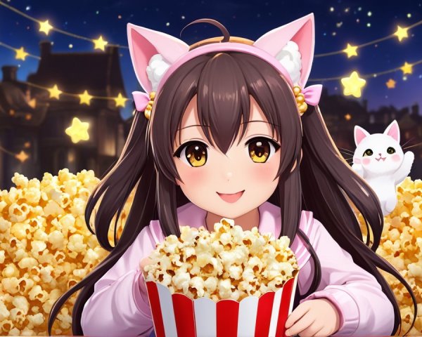 Cheerful girl with popcorn and cat in night sky scene
