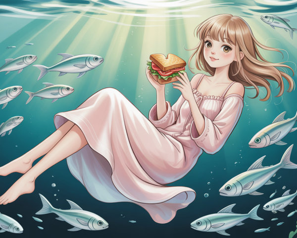 Anime Illustration of Girl Floating Underwater with Sandwich