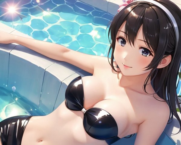 Young Woman by Sparkling Pool in Black Bikini