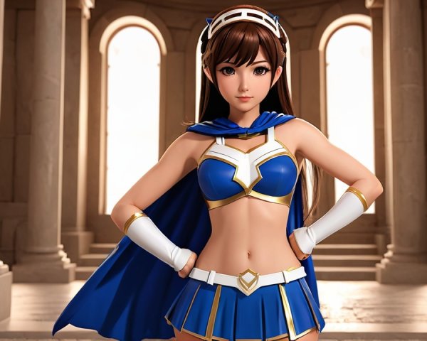 Female superhero in blue and white outfit in architecture