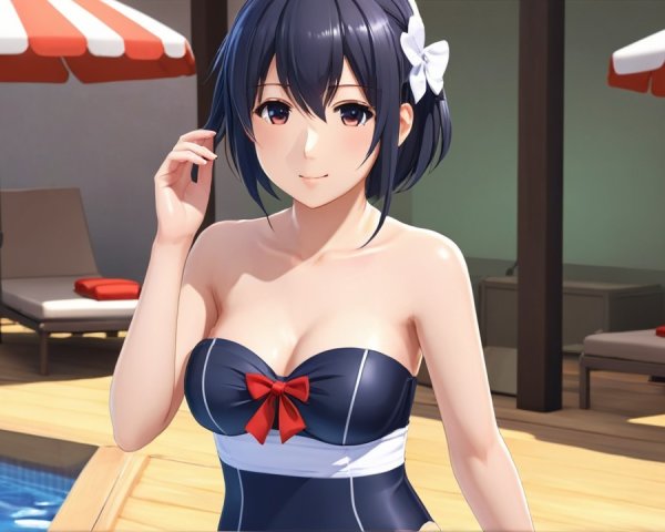 Young woman in stylish swimsuit by vibrant poolside