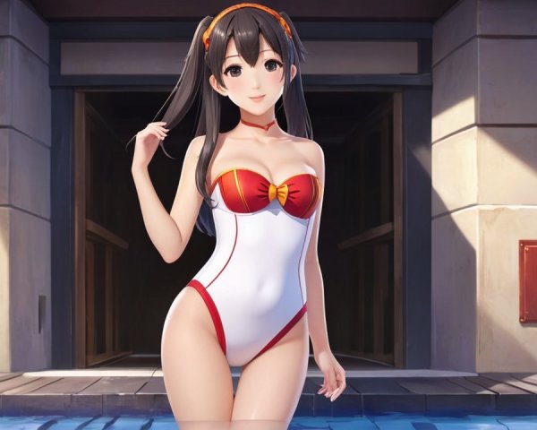 Anime Character in Vibrant Swimsuit by Poolside