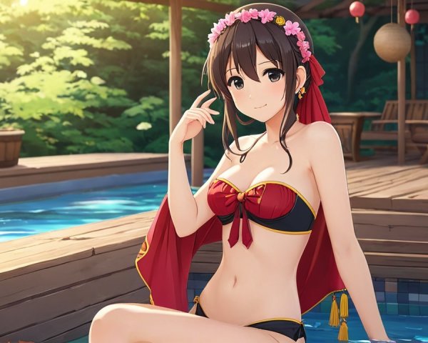 Young Woman in Bikini Relaxing by Poolside Oasis