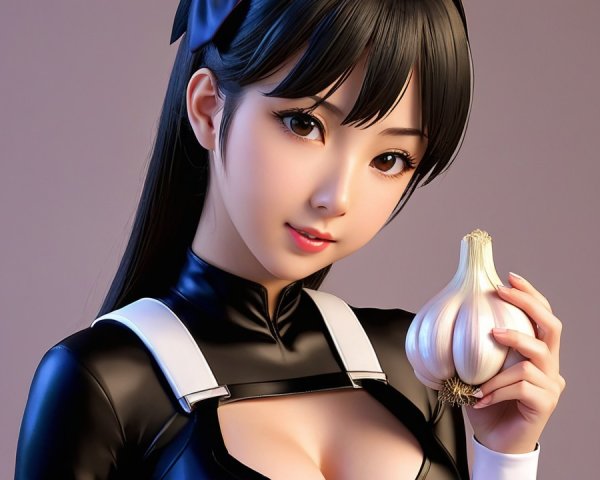 Young woman in black outfit holding garlic bulb