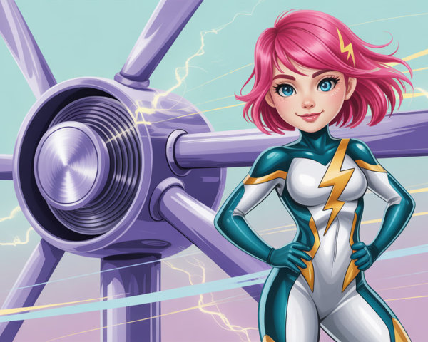 Superheroine in Colorful Suit with Turbine Background