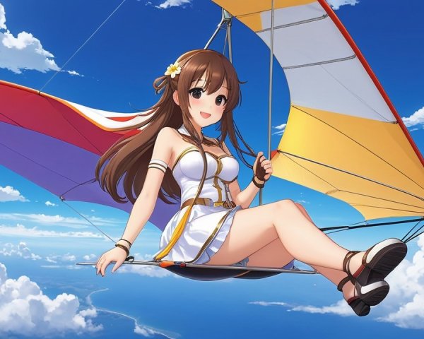 Anime Girl on Colorful Hang Glider in Blue Sky