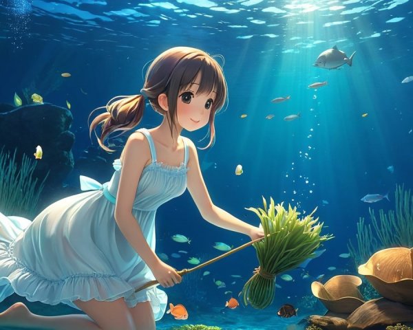 Young girl in white dress explores vibrant underwater world