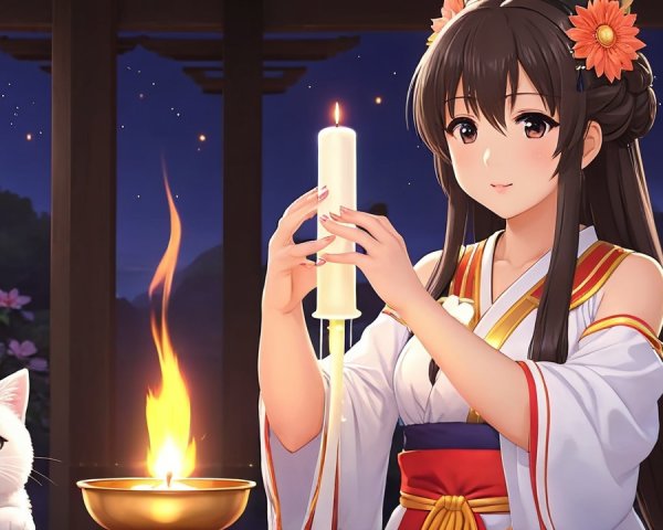 Young Woman in Kimono with Candle in Tranquil Setting