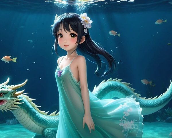 Whimsical Underwater Scene with Girl and Dragon