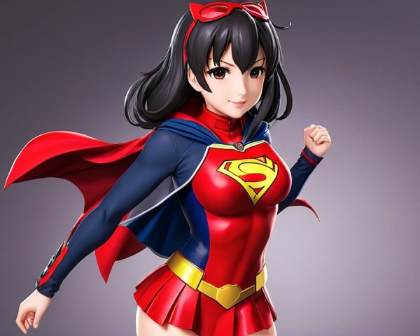 Stylized female superhero in vibrant red and blue costume